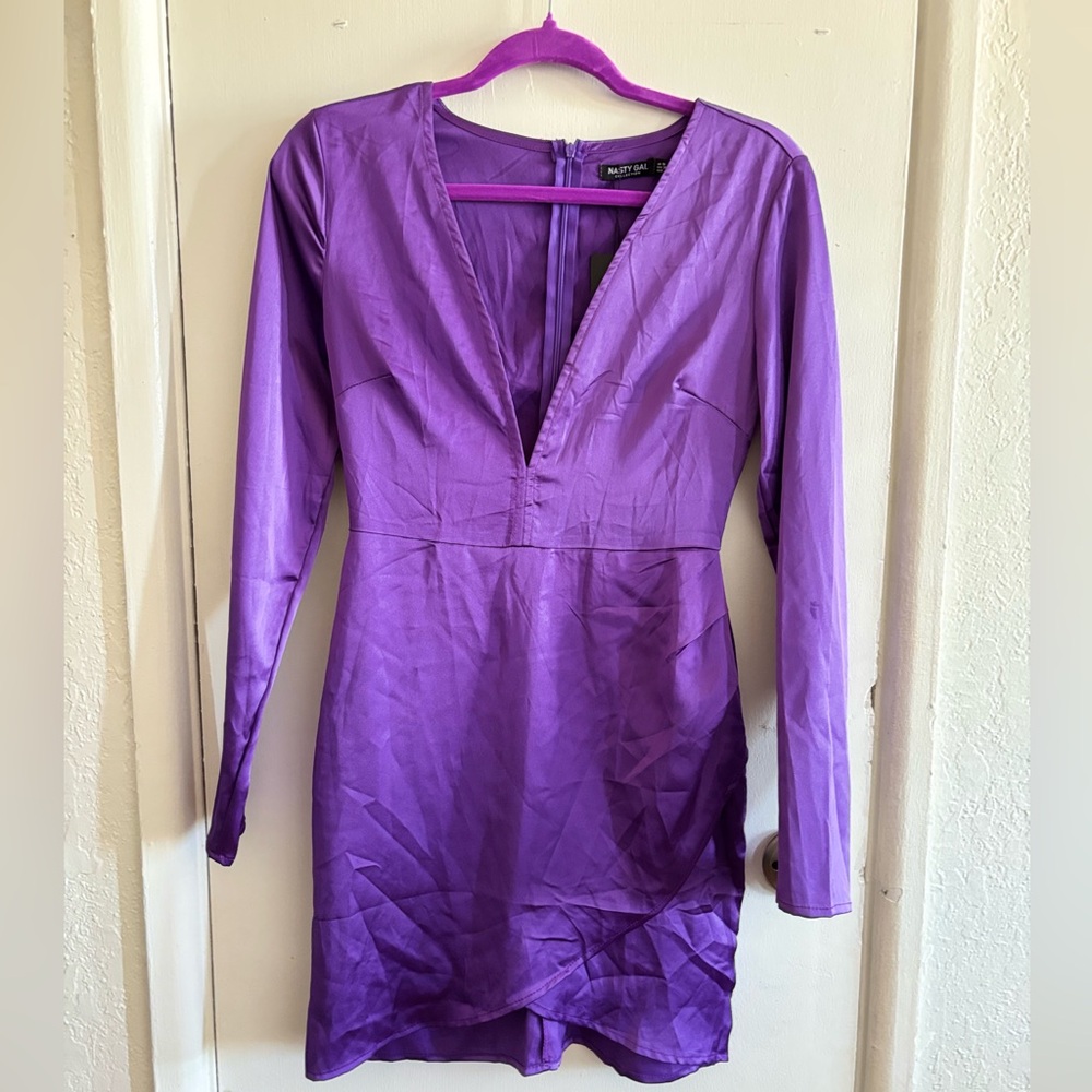 Nasty Gal Long Sleeve Wrap Purple Mini Dress - Picture 1 of 5
